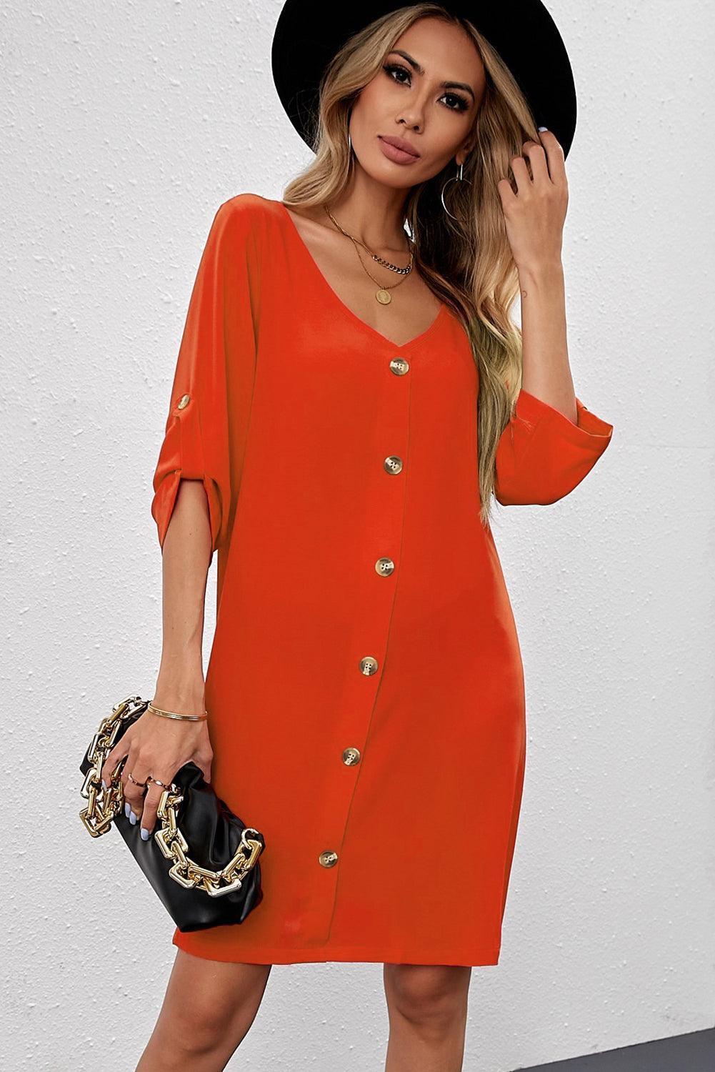Buttoned V-Neck Dress - ClubOn