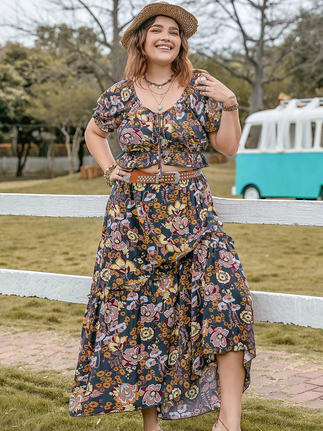 Plus Size Tie Neck Short Sleeve Top and Skirt Set - ClubOn