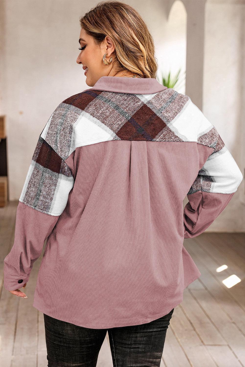Plus Size Plaid Snap Down Jacket with Pockets - ClubOn