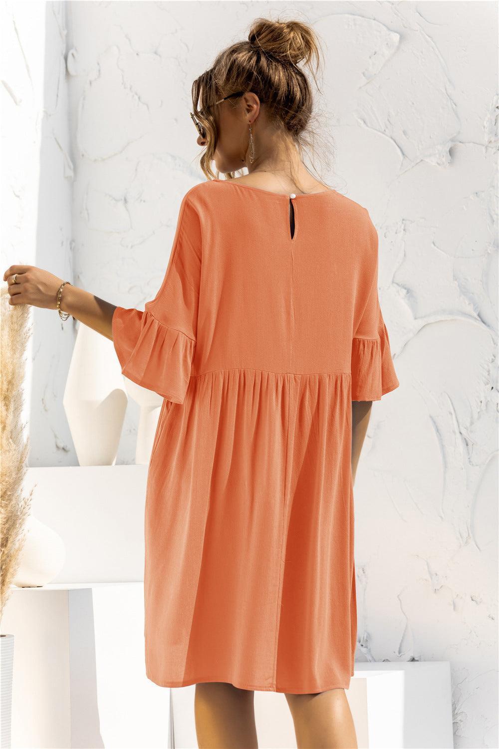 Boat Neck Flounce Sleeve Knee-Length Dress - ClubOn