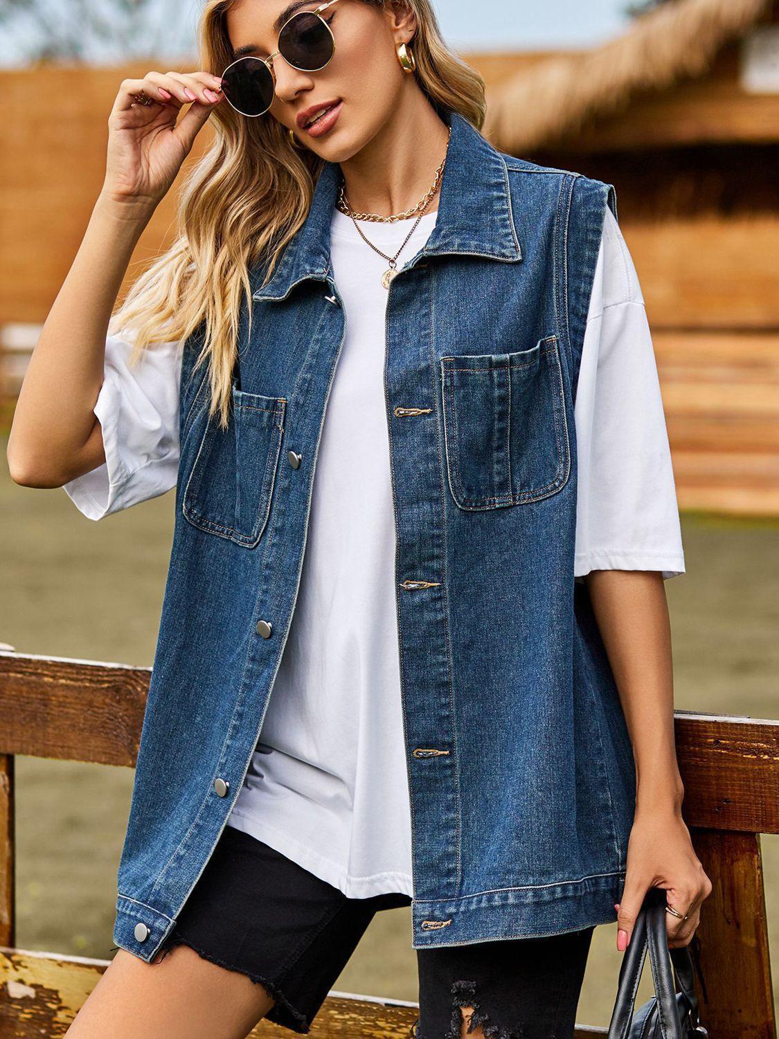 Button Down Denim Vest - ClubOn