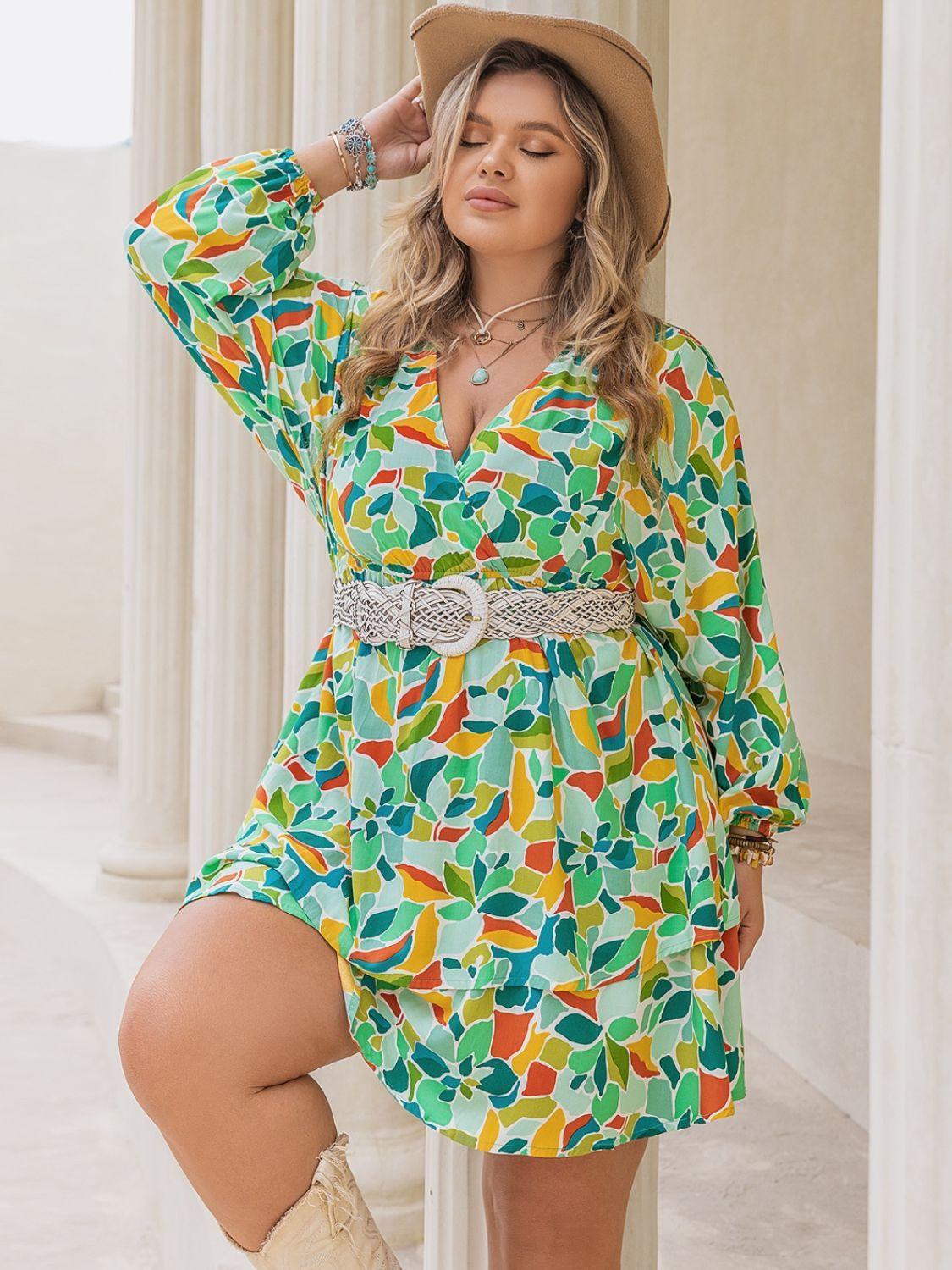 Plus Size Printed Surplice Long Sleeve Mini Dress - ClubOn