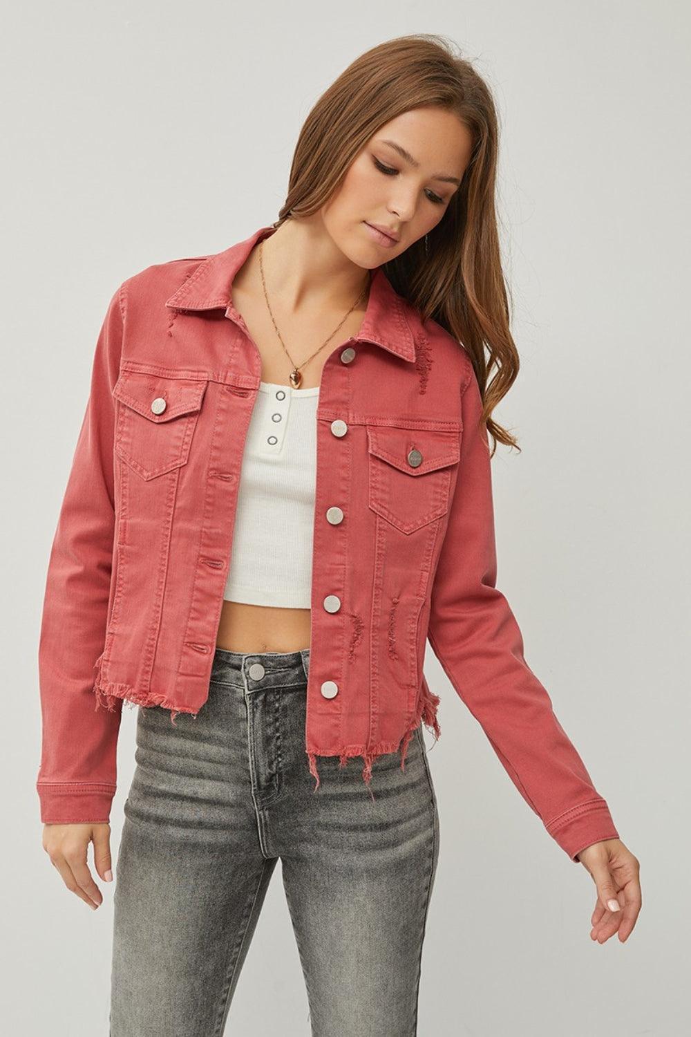 RISEN Raw Hem Button Up Cropped Denim Jacket - ClubOn