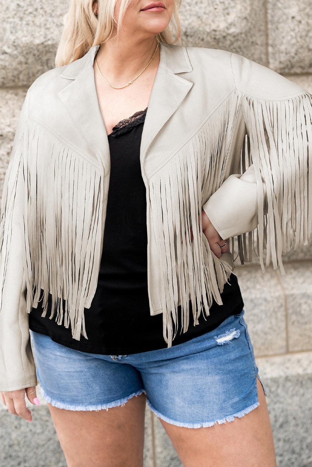 Plus Size Fringe Open Front Jacket - ClubOn