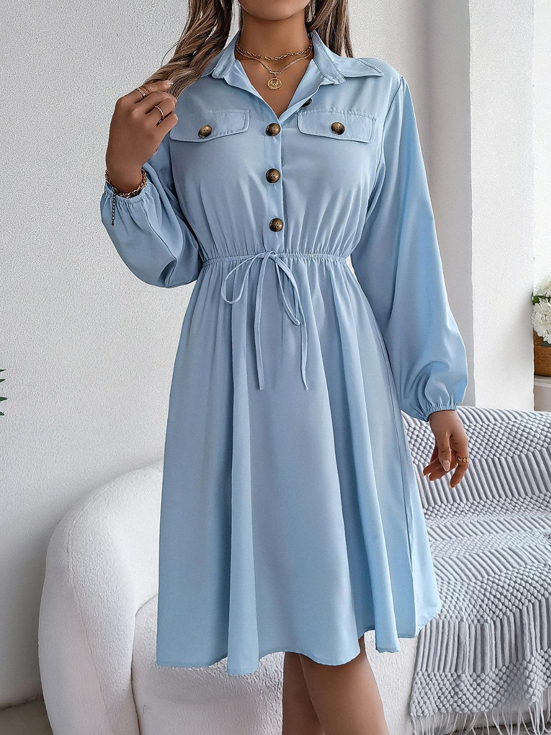 Collared Neck Long Sleeve Dress with Pockets - ClubOn