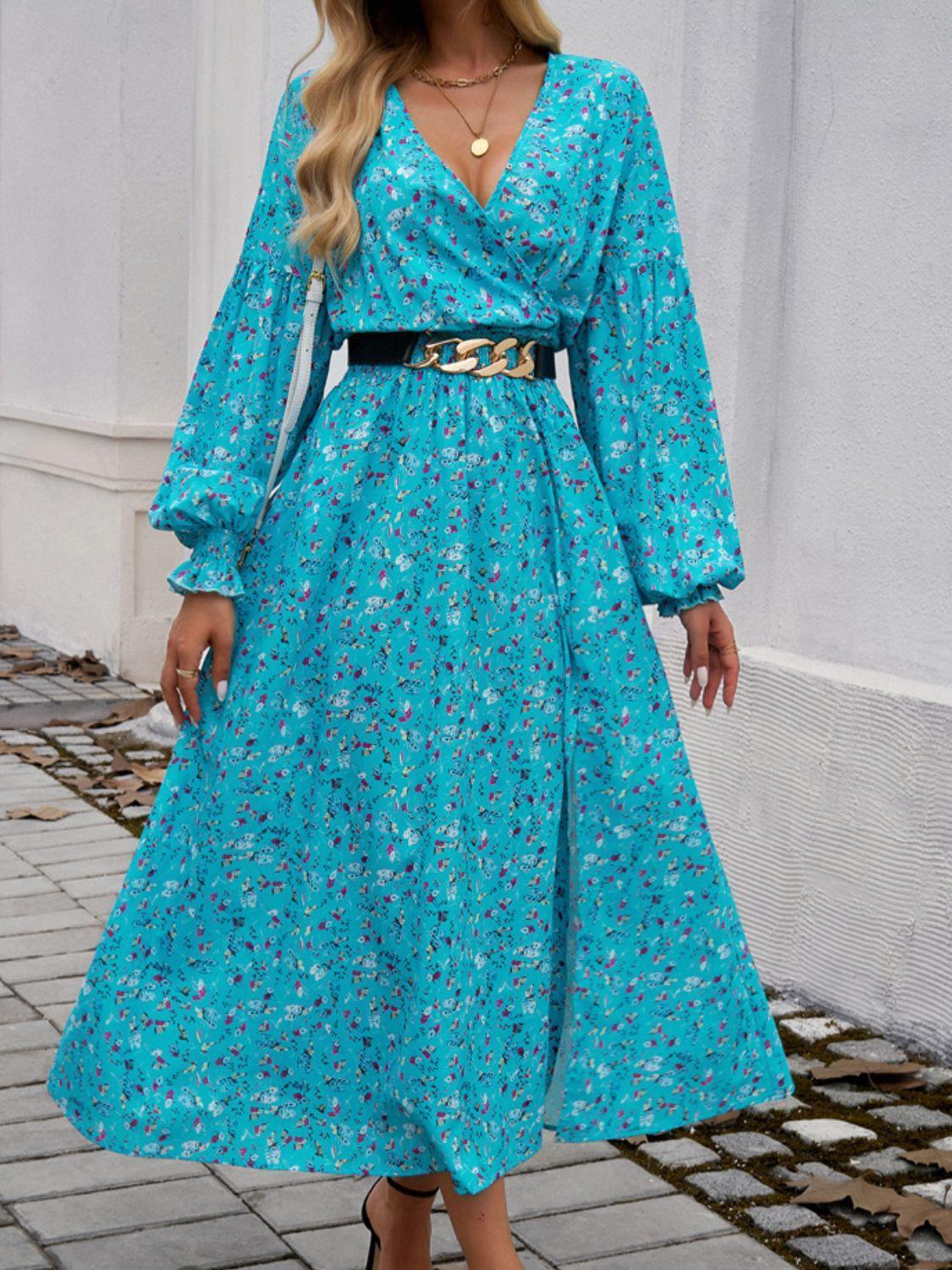 Devine Split Printed Surplice Long Sleeve Midi Dress - ClubOn