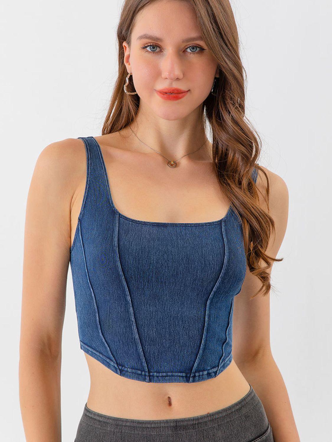 Seam Detail Cropped Denim Tank - ClubOn