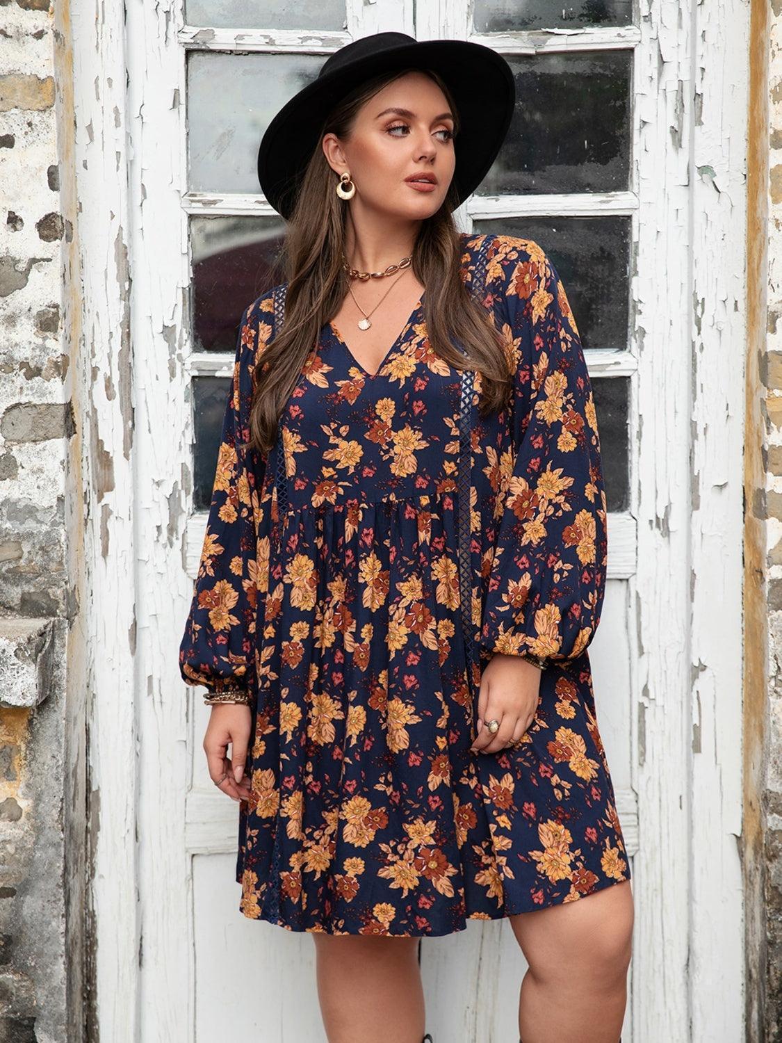 Plus Size Floral V-Neck Balloon Sleeve Dress - ClubOn