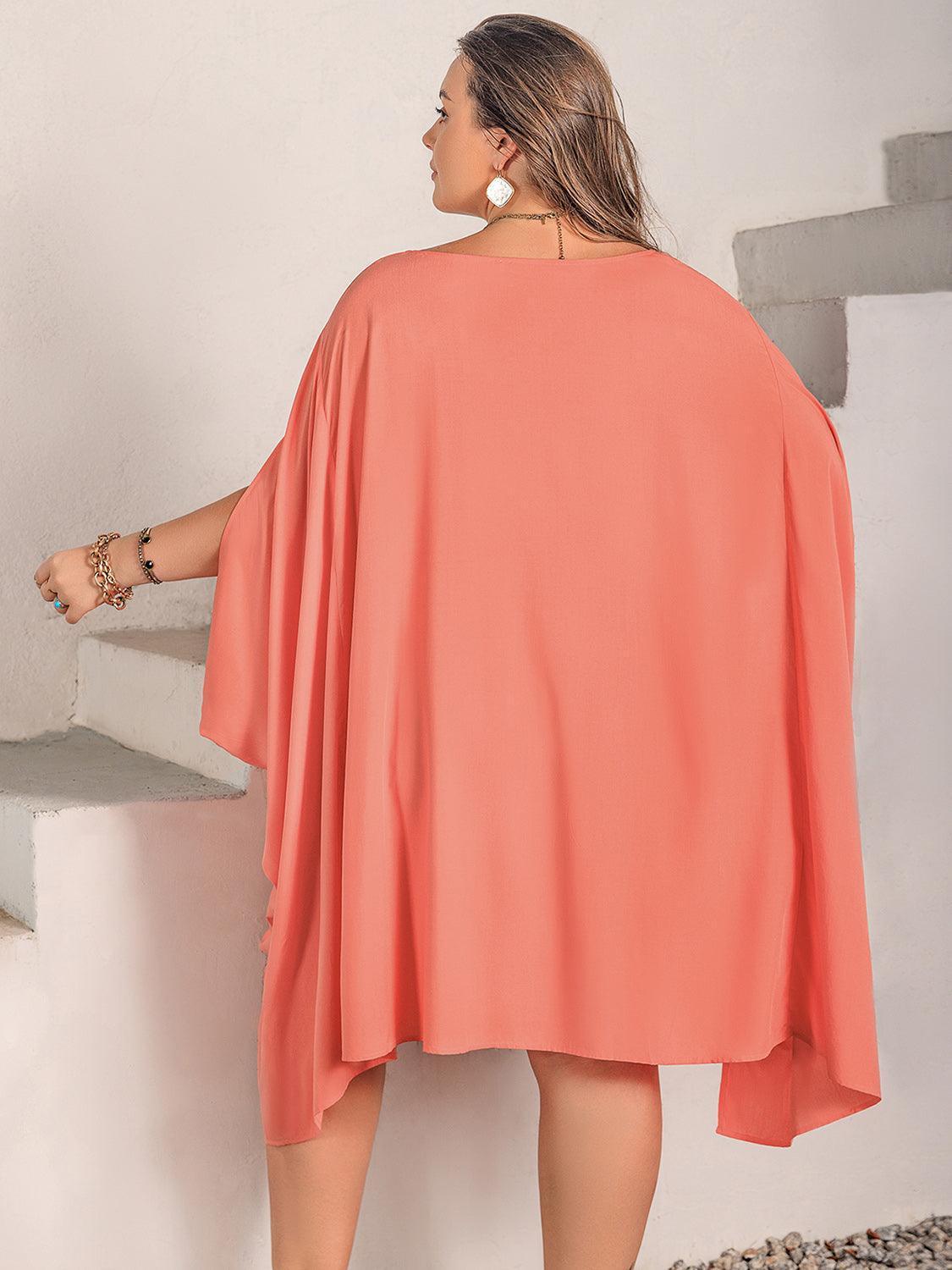 Plus Size Round Neck Batwing Sleeve Mini Dress - ClubOn