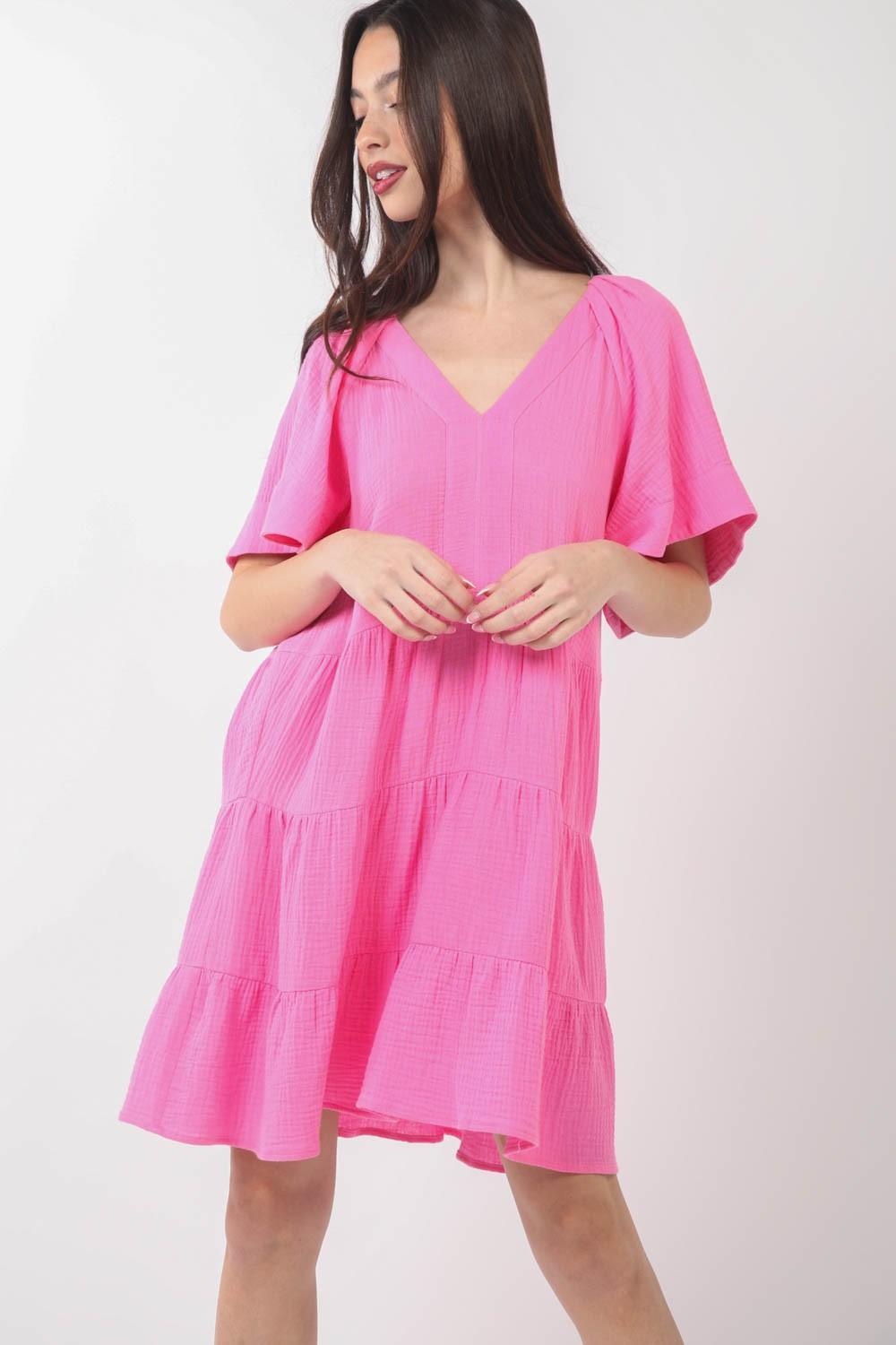 VERY J Texture V-Neck Ruffled Tiered Dress - ClubOn