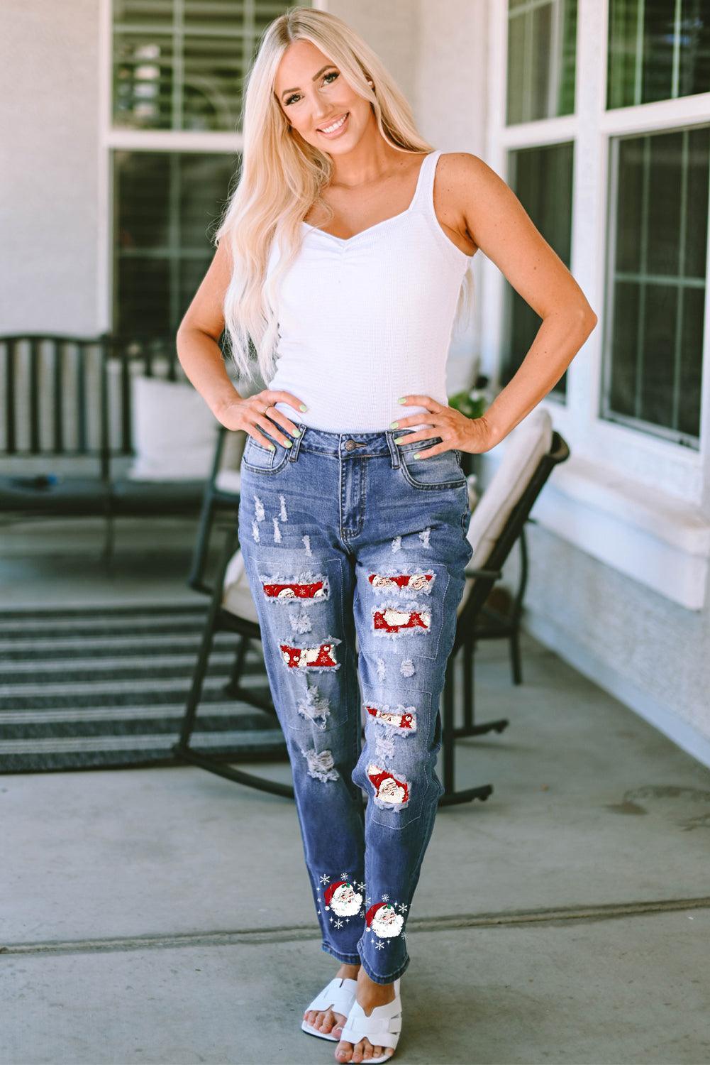 Santa Graphic Distressed Jeans with Pockets - ClubOn