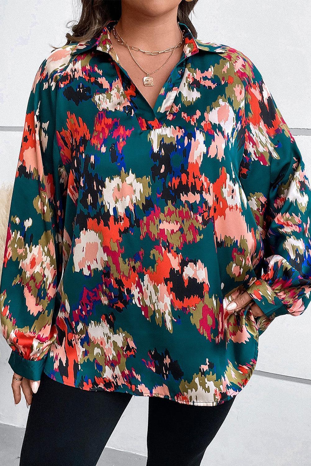 Plus Size Printed Johnny Collar Long Sleeve Blouse - ClubOn