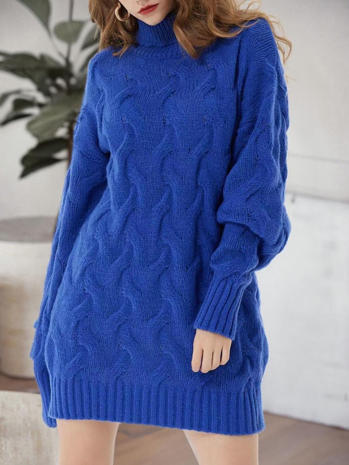 Cable-Knit Turtleneck Sweater Dress - ClubOn