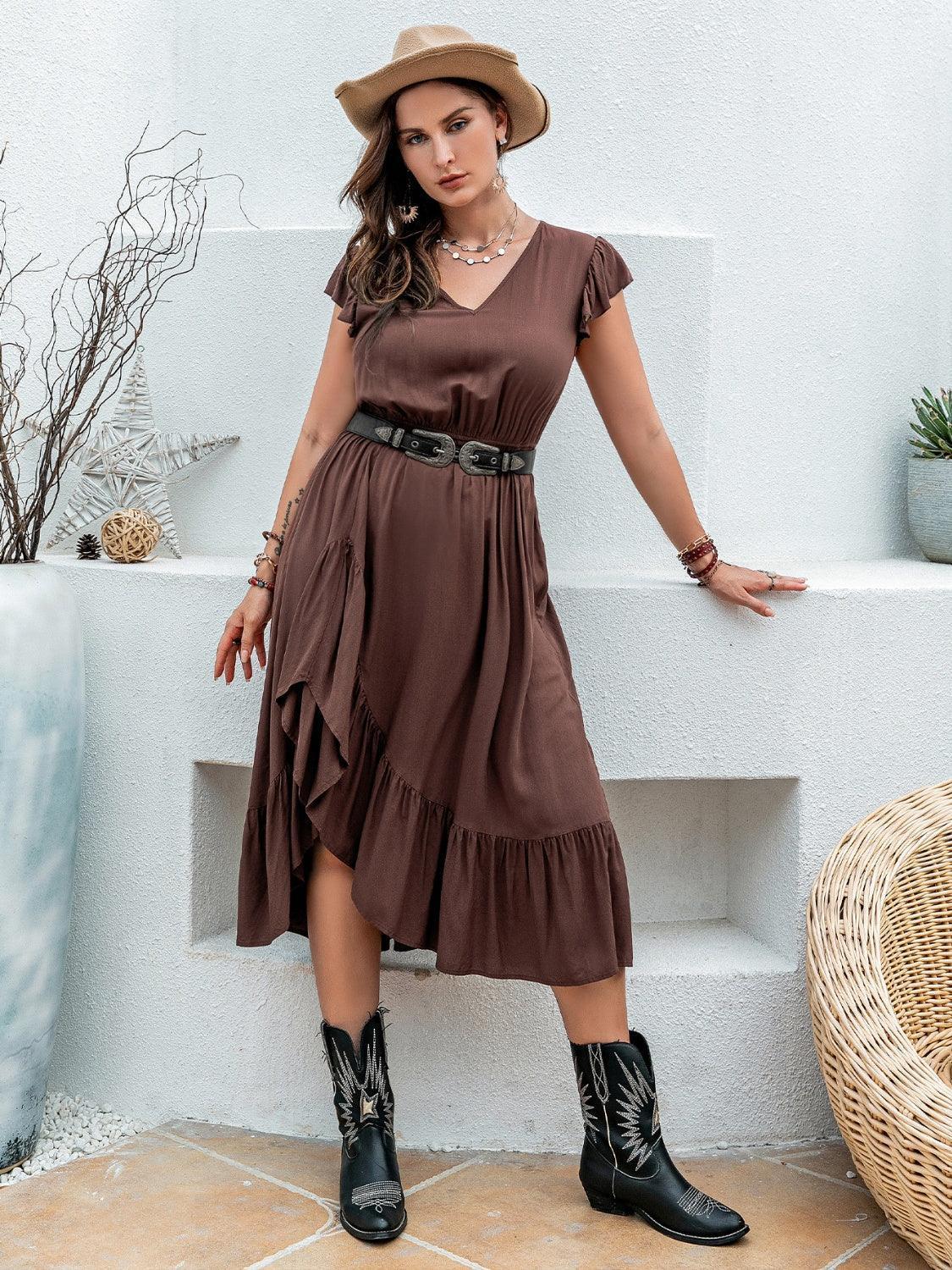 Plus Size Ruffled V-Neck Cap Sleeve Midi Dress - ClubOn
