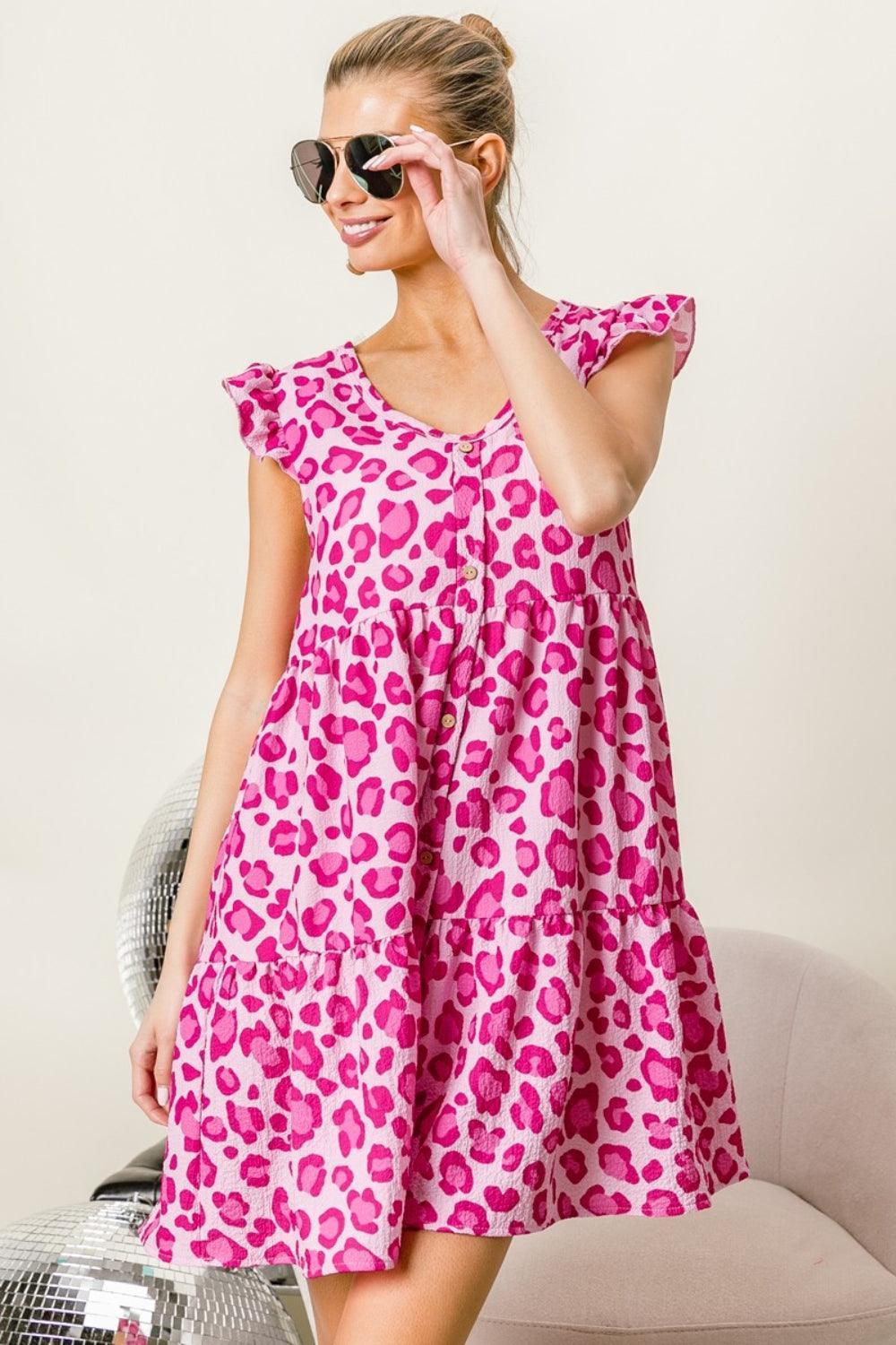 BiBi Leopard Cap Sleeve Tiered Mini Dress - ClubOn