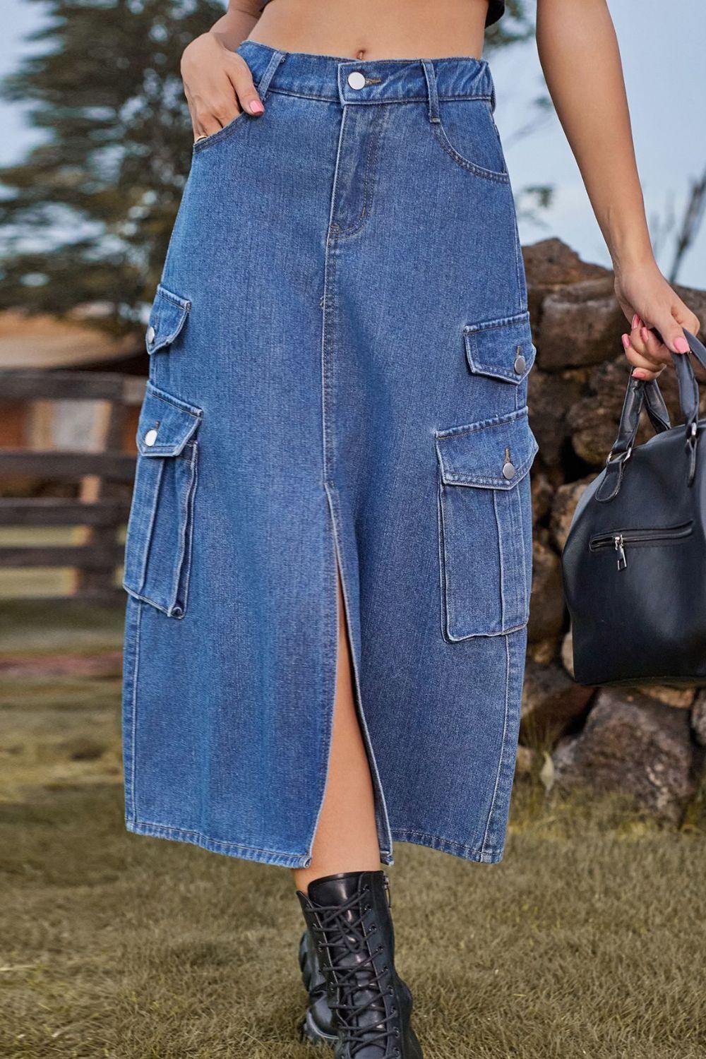 Slit Front Midi Denim Skirt with Pockets - ClubOn