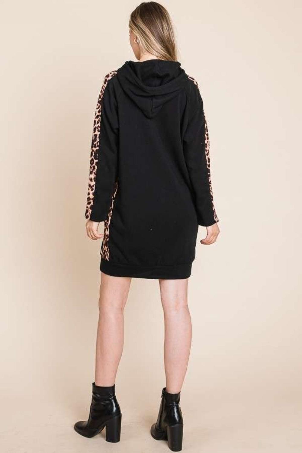Culture Code Drawstring Leopard Long Sleeve Hooded Dress - ClubOn