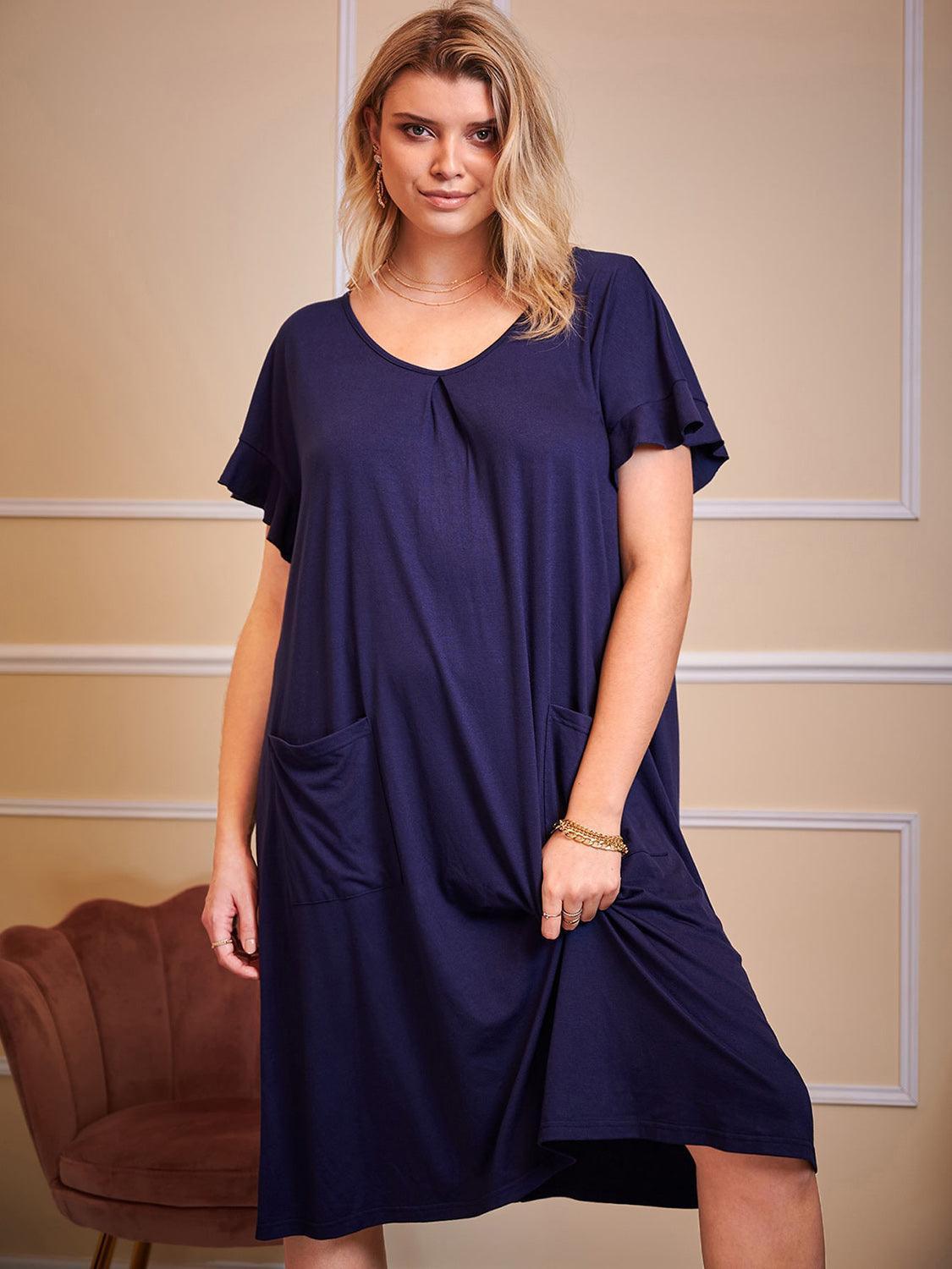 Plus Size Round Neck Short Sleeve Lounge Dress - ClubOn