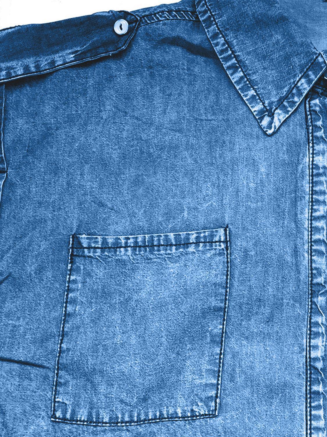 Collared Neck Cap Sleeve Denim Top - ClubOn