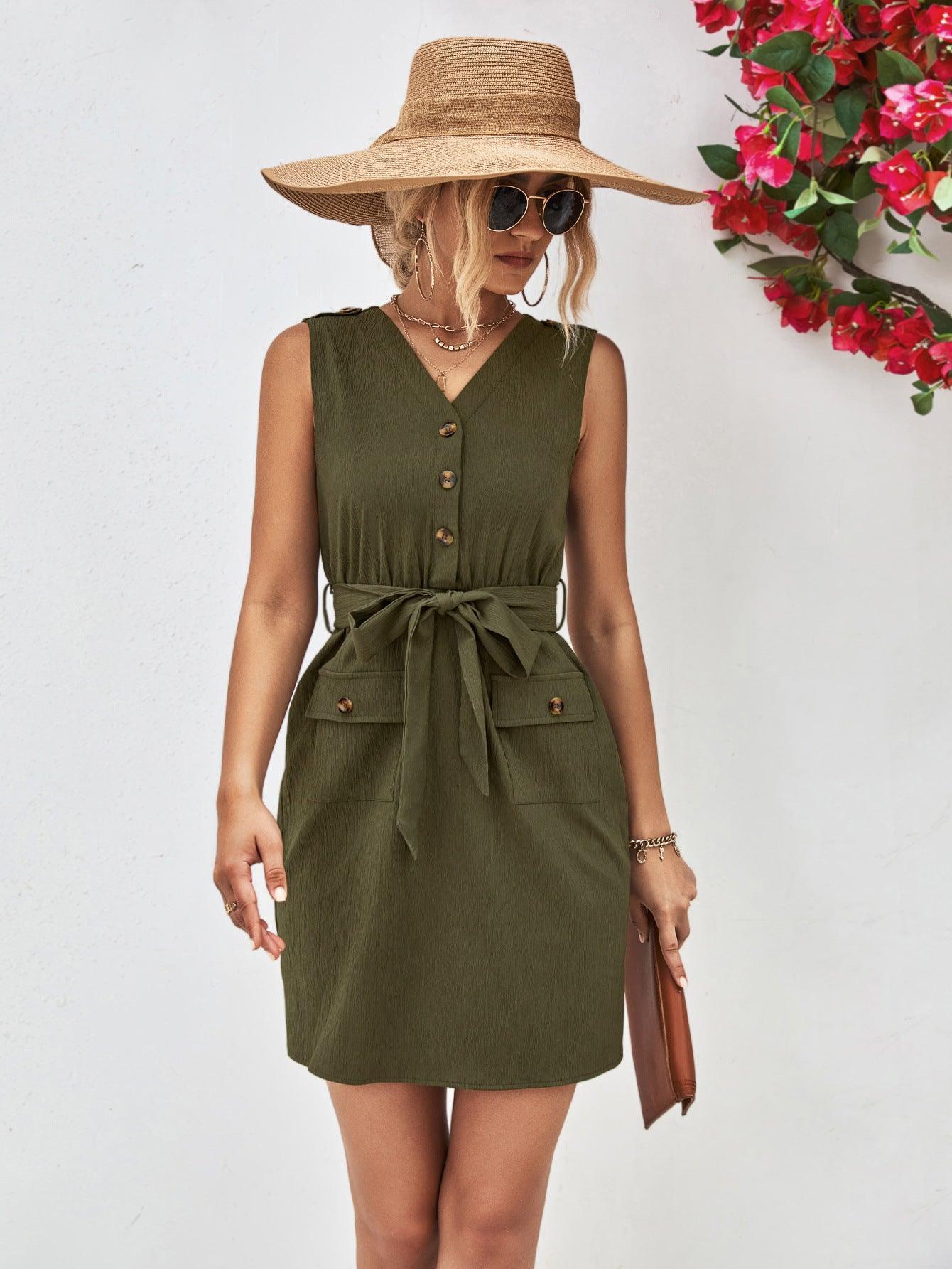 Buttoned V-Neck Belted Sleeveless Dress - ClubOn