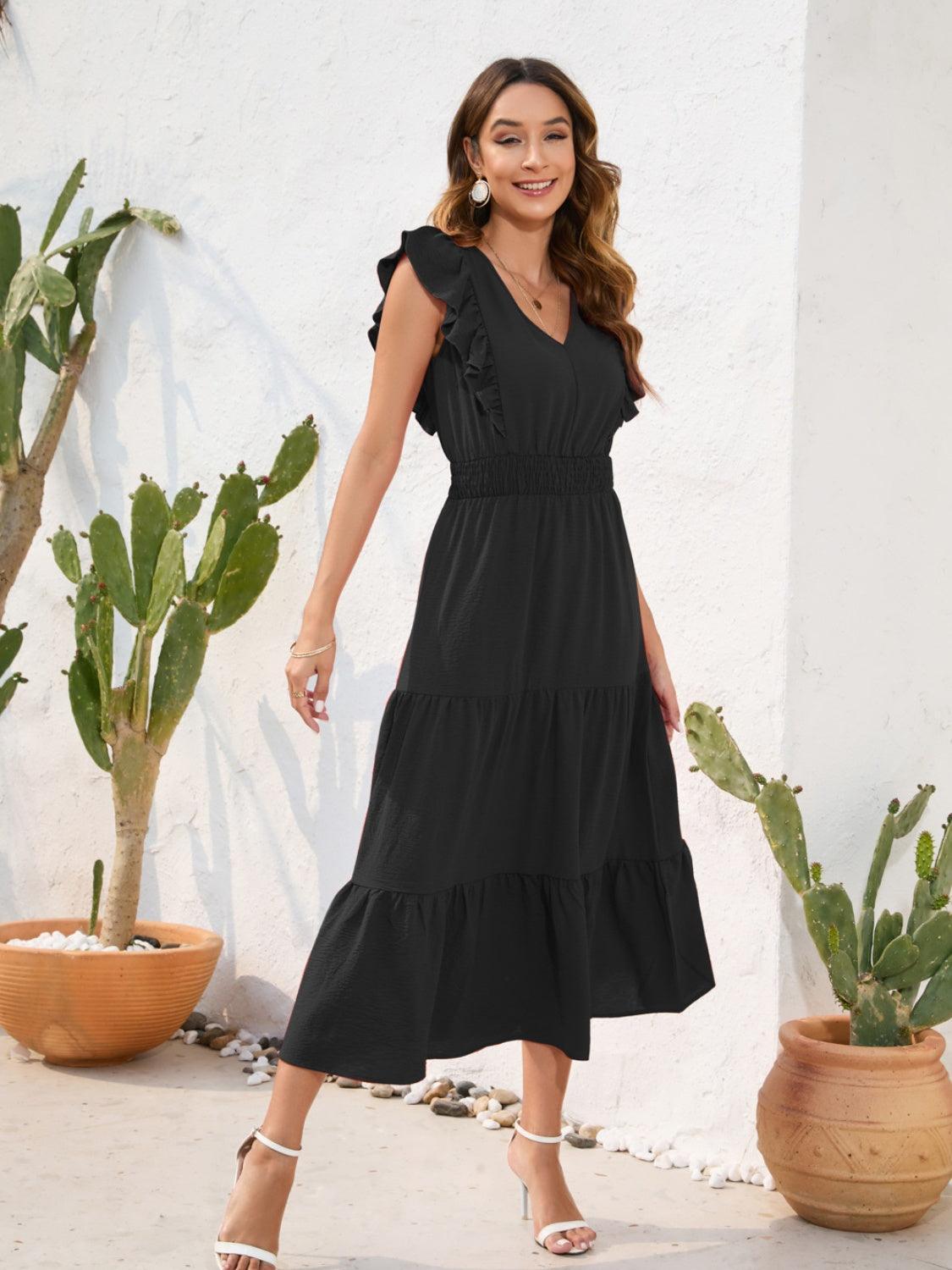 Tiered Ruffled V-Neck Cap Sleeve Dress - ClubOn