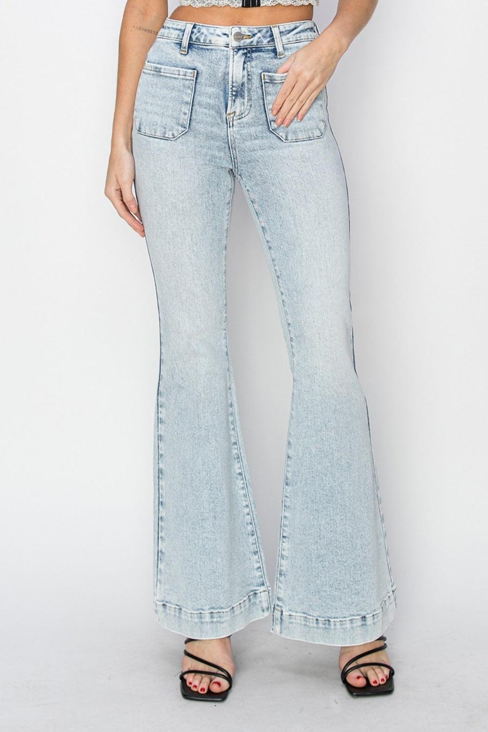 Risen Full Size High Rise Front Patch Pocket Flare Jeans - ClubOn