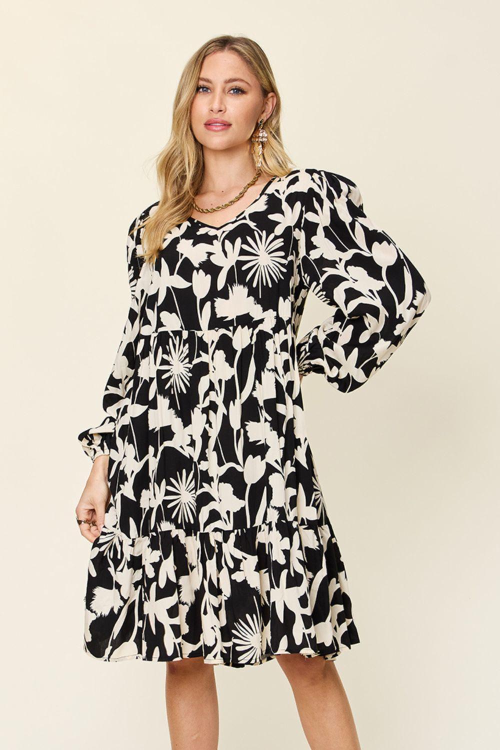 Double Take Full Size Printed Ruffle Hem Dress with Pocket - ClubOn