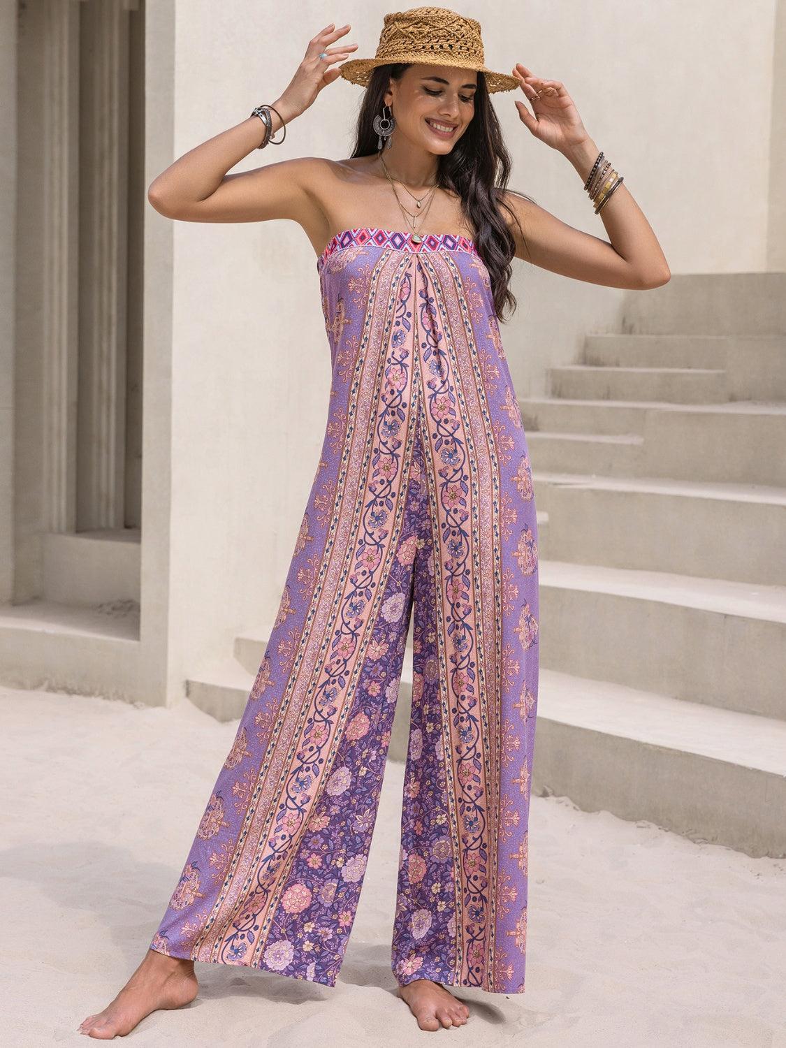 Tied Printed Tube Wide Leg Jumpsuit - ClubOn