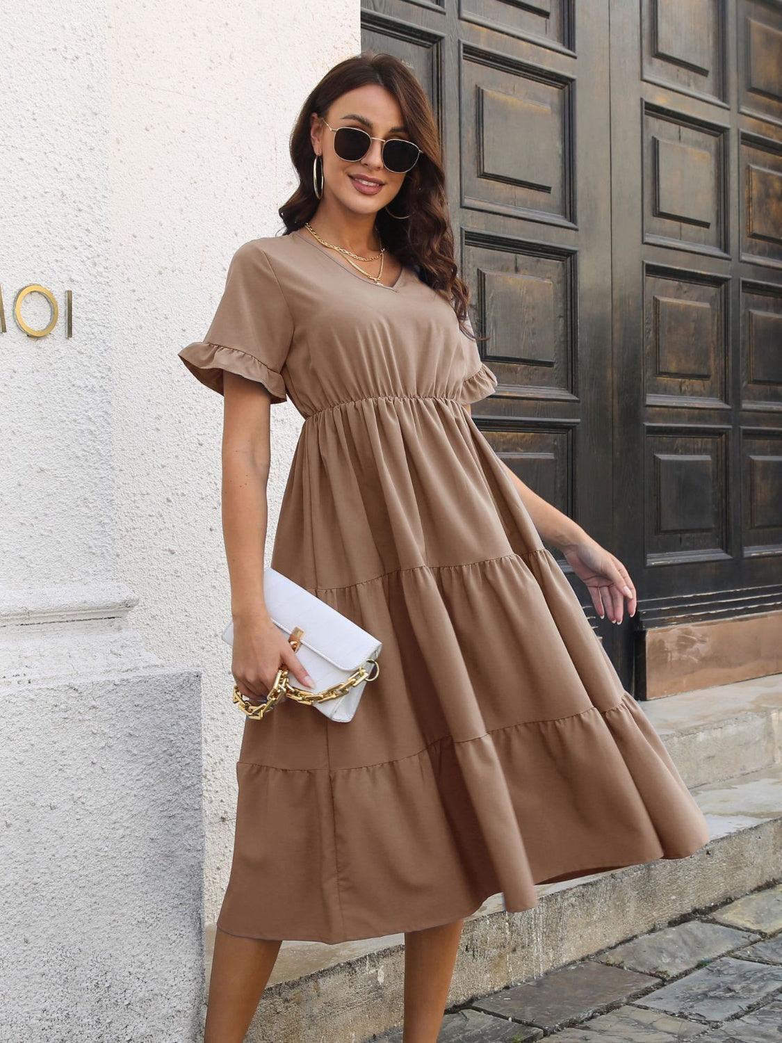 V-Neck Short Sleeve Midi Dress - ClubOn