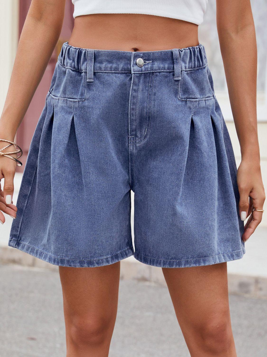 Ruched Half Elastic Waist Denim Shorts - ClubOn
