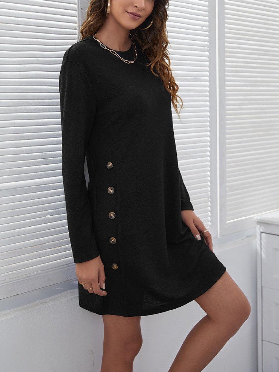 Decorative Button Round Neck Dress - ClubOn