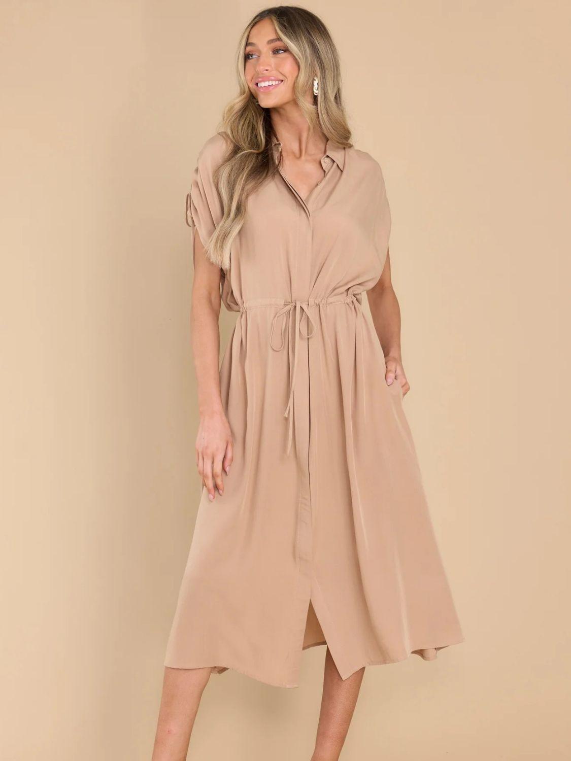 Drawstring Collared Neck Short Sleeve Midi Dress - ClubOn