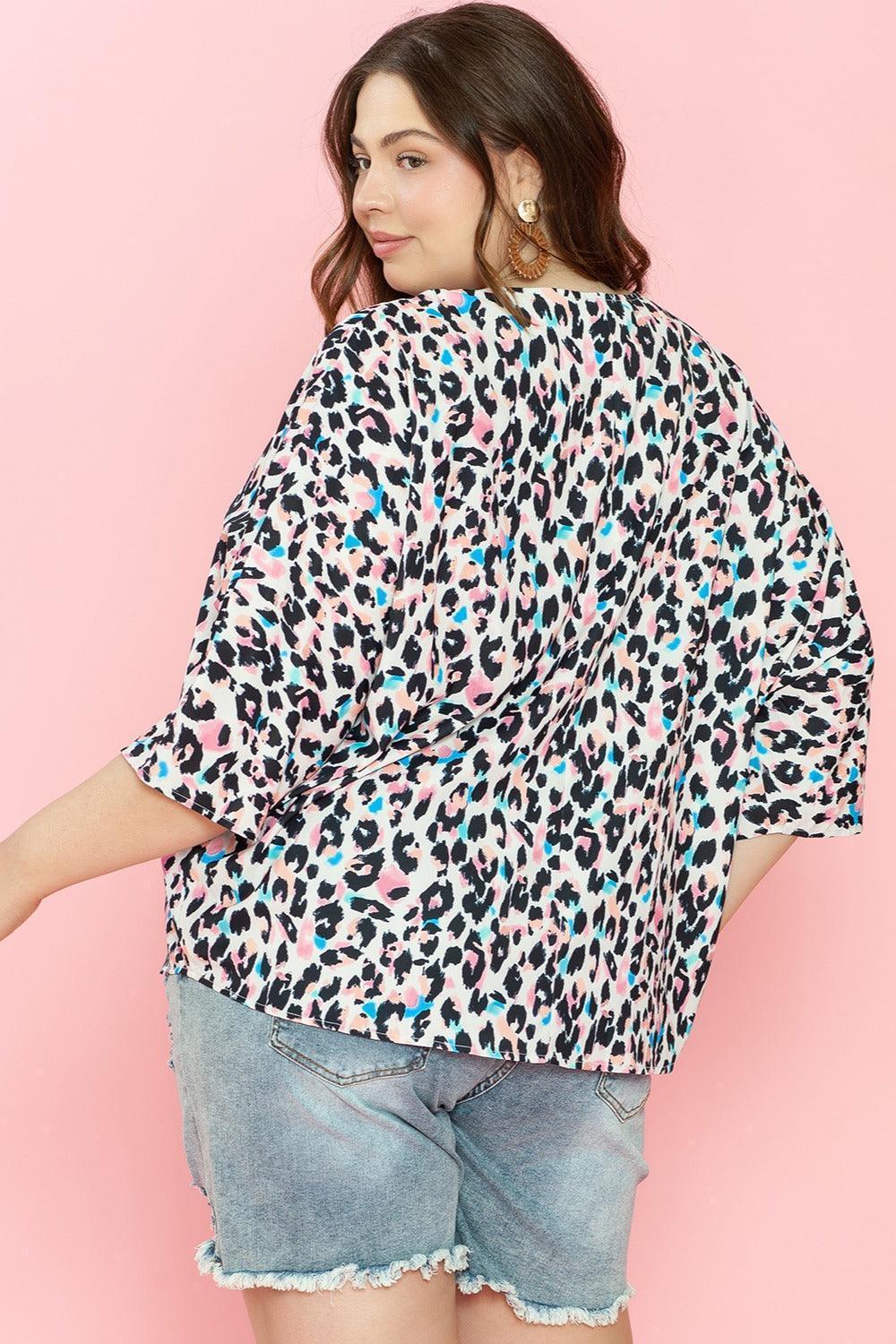 Plus Size Leopard V-Neck Three-Quarter Sleeve Blouse - ClubOn