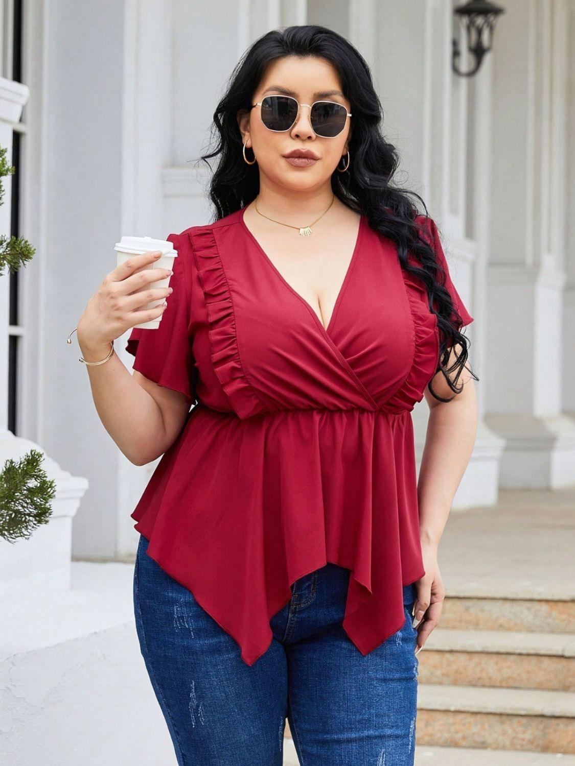 Plus Size Frill Surplice Flutter Sleeve Blouse - ClubOn