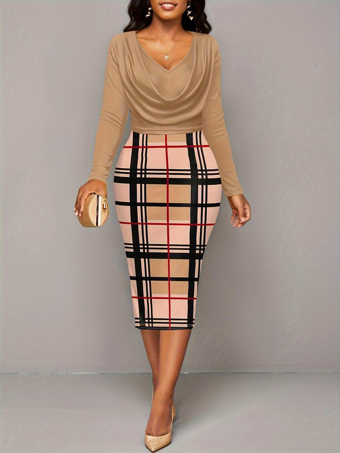 Plus Size Plaid Long Sleeve Mini Dress - ClubOn