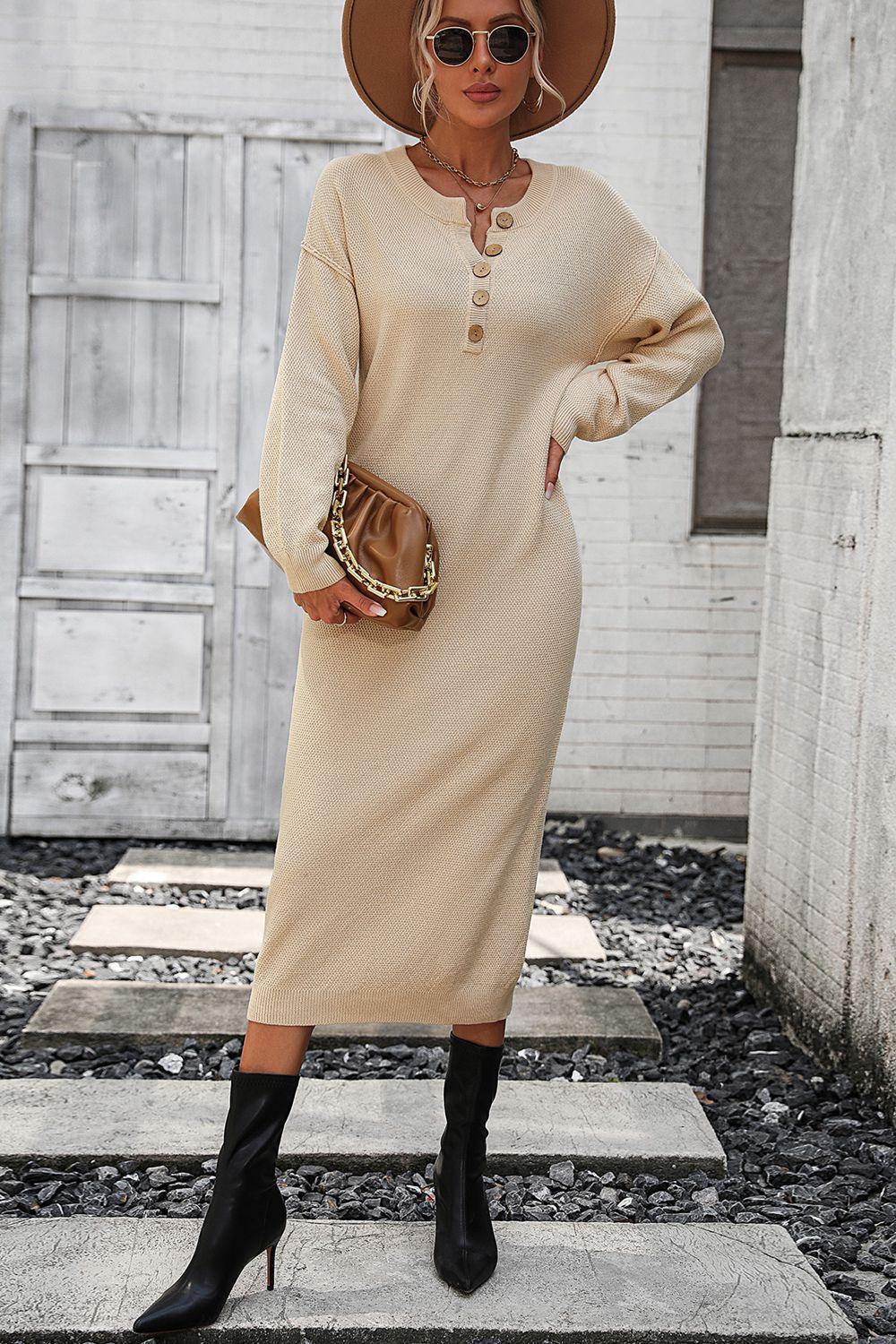 Decorative Button Notched Dropped Shoulder Sweater Dress - ClubOn