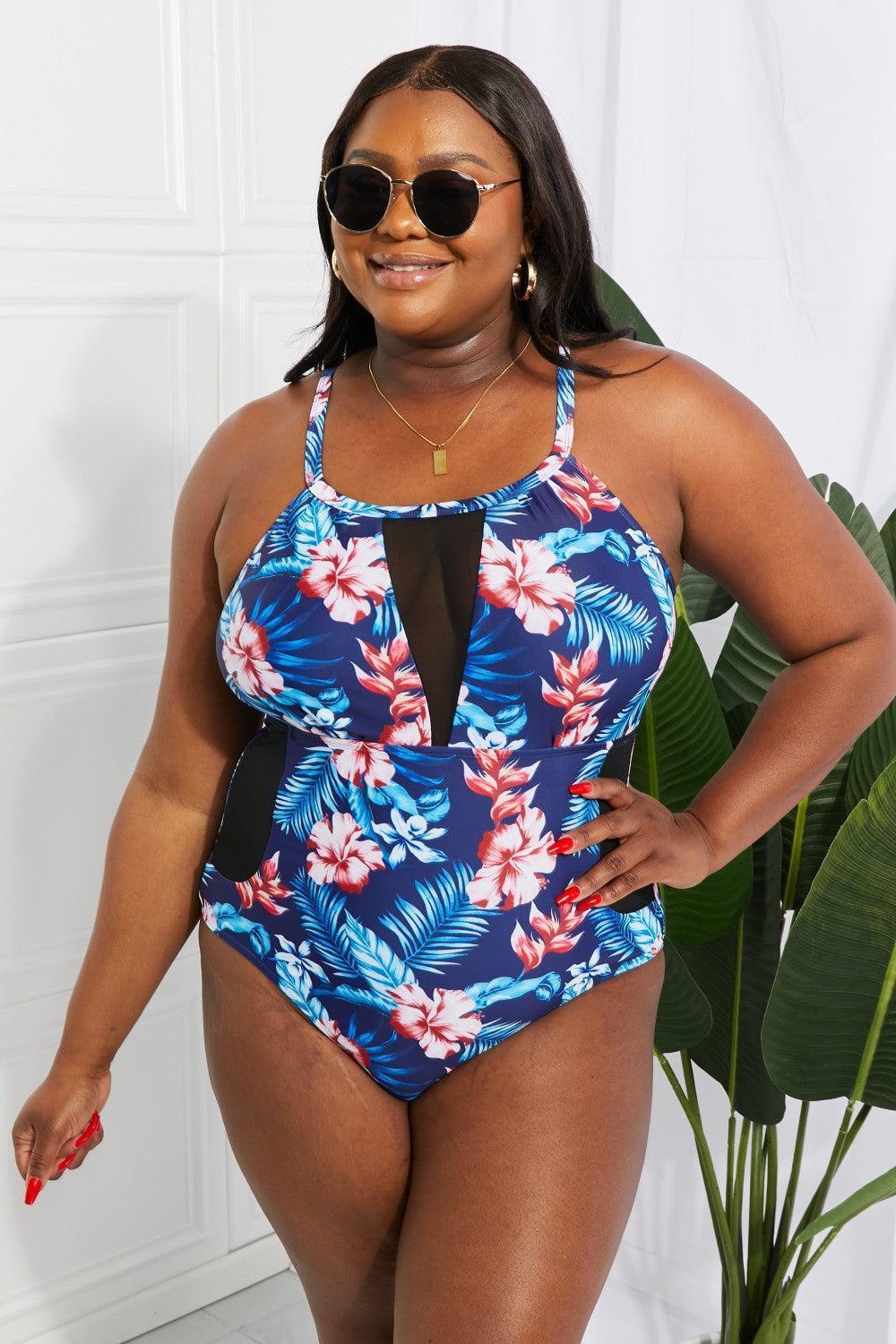 Floral Crisscross Spliced Mesh One-Piece Swimsuit - ClubOn