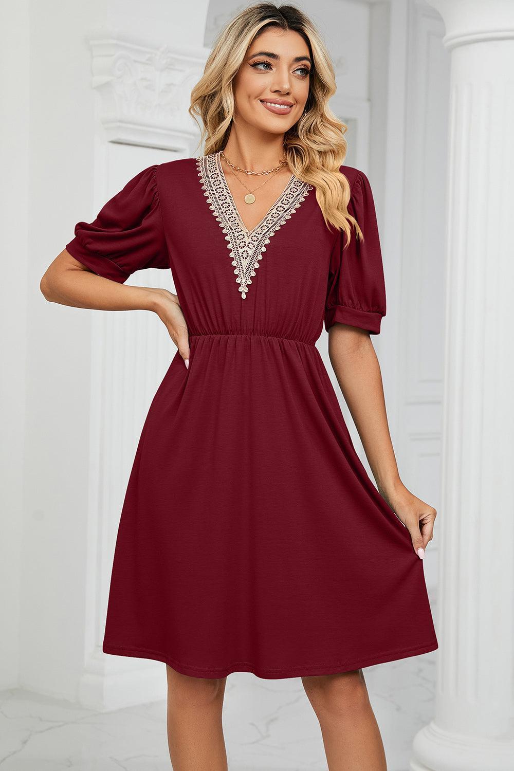 V-Neck Puff Sleeve Dress - ClubOn