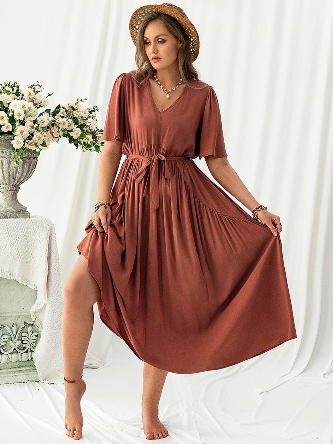 Plus Size V-Neck Flutter Sleeve Midi Dress - ClubOn