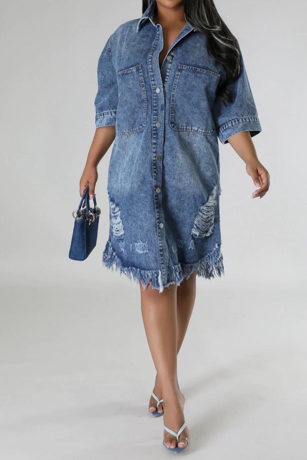 Distressed Raw Hem Button Up Denim Dress - ClubOn