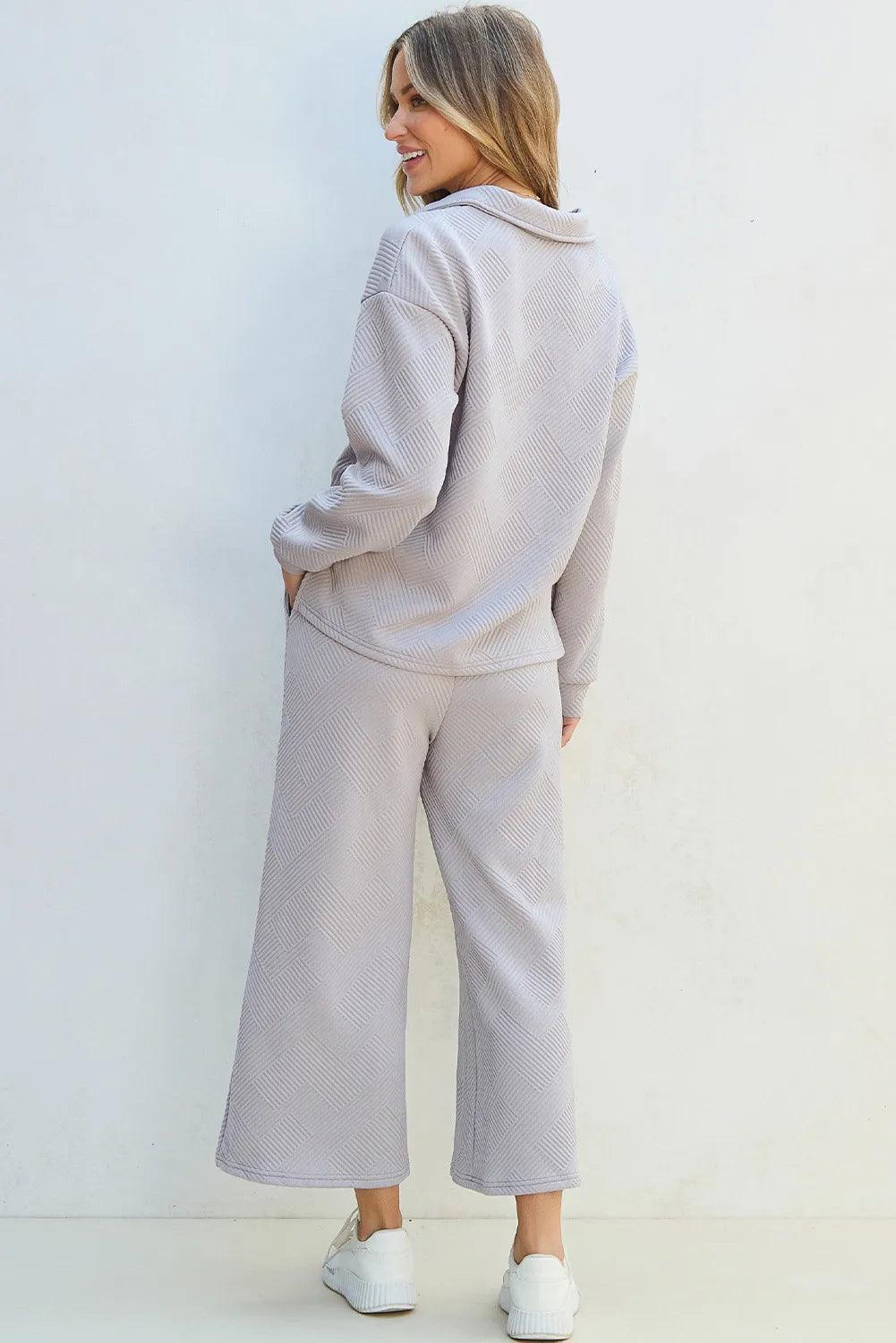 Textured Long Sleeve Top & Drawstring Pants Set - ClubOn