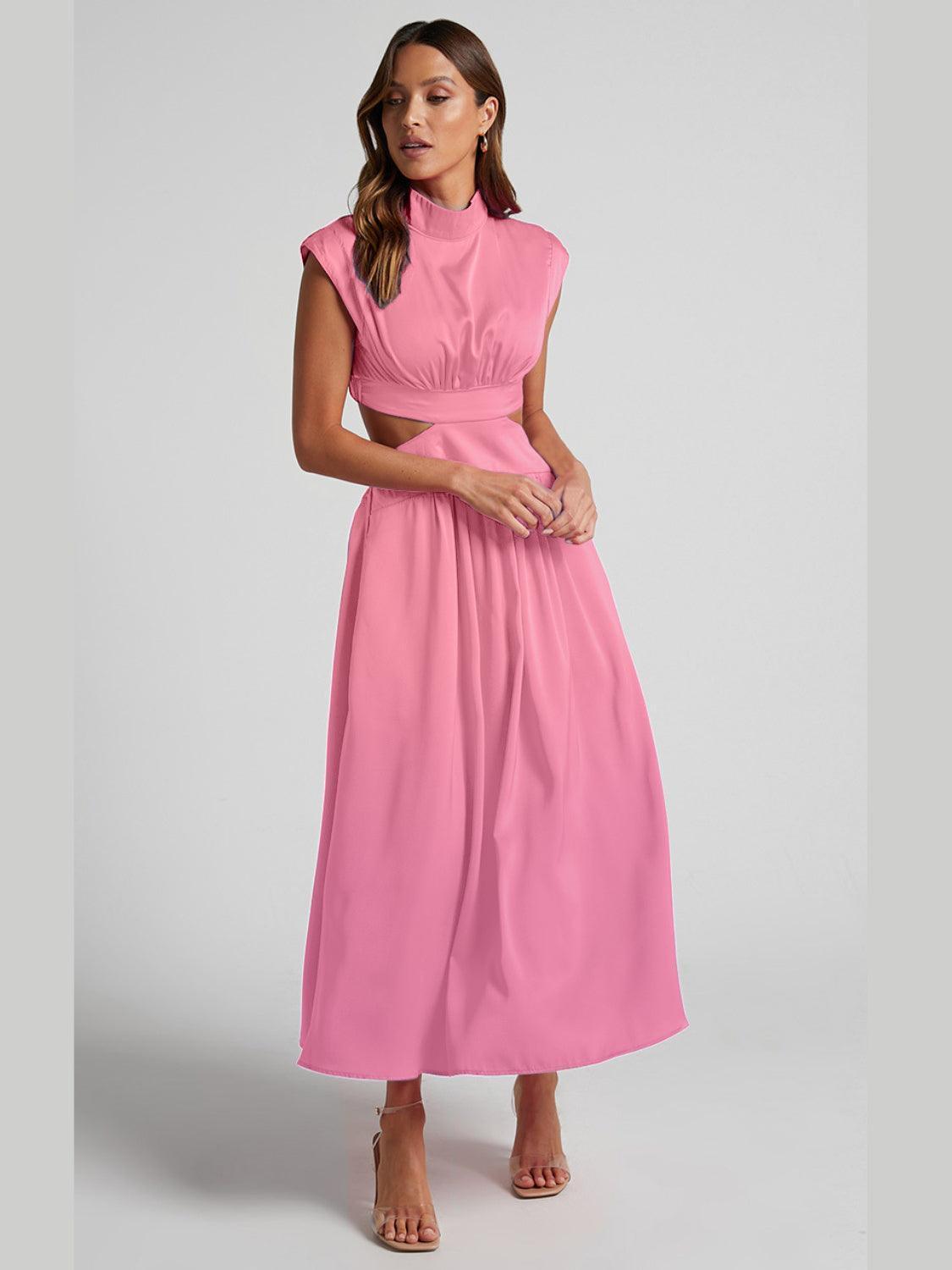 Cutout Mock Neck Sleeveless Ruched Dress - ClubOn