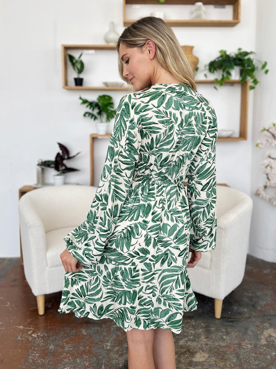 Double Take Full Size Printed Ruched Balloon Sleeve Dress - ClubOn