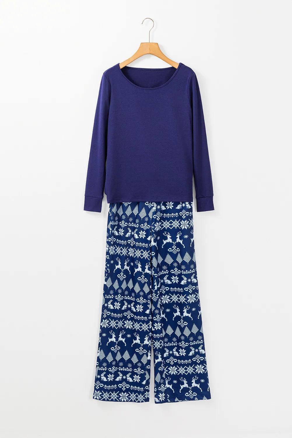 Round Neck Long Sleeve Top and Printed Pants Lounge Set - ClubOn