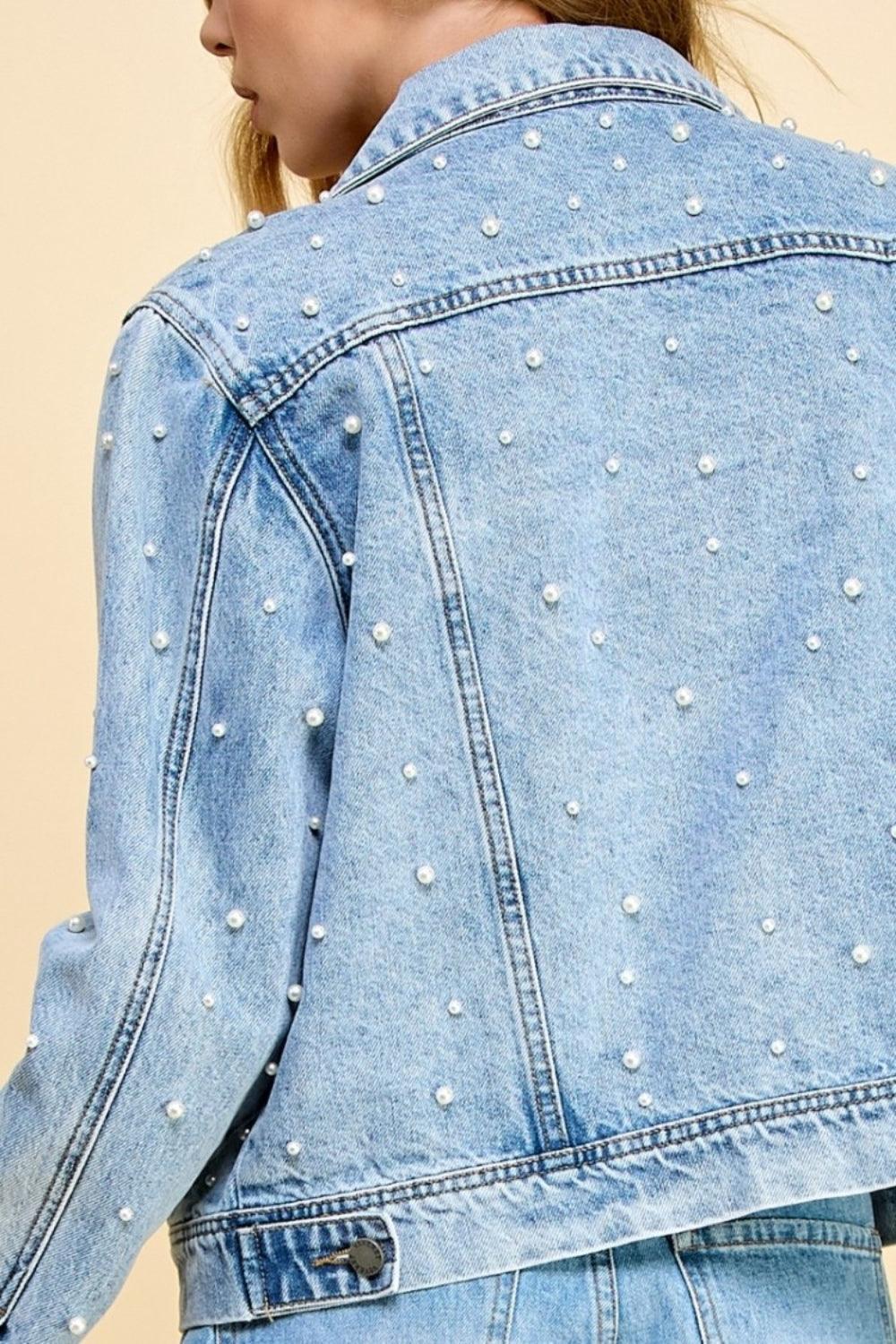 Veveret Button Up Pearl Detail Long Sleeve Denim Jacket - ClubOn