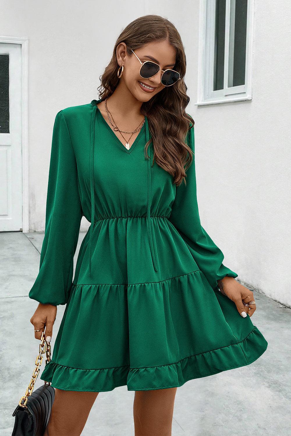 V-Neck Tie Neck Long Sleeve Dress - ClubOn