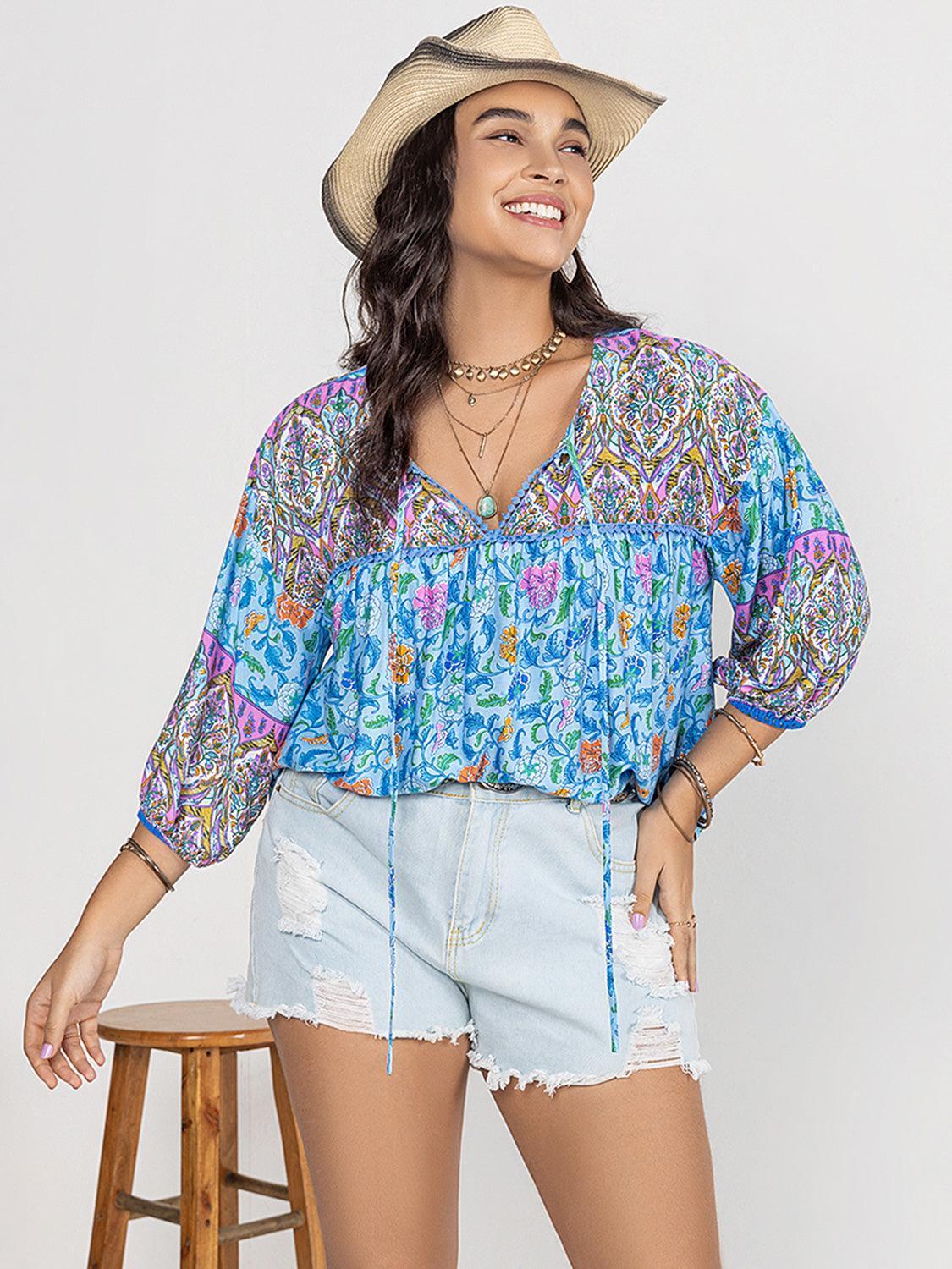 Plus Size Printed Tie Neck Balloon Sleeve Blouse - ClubOn