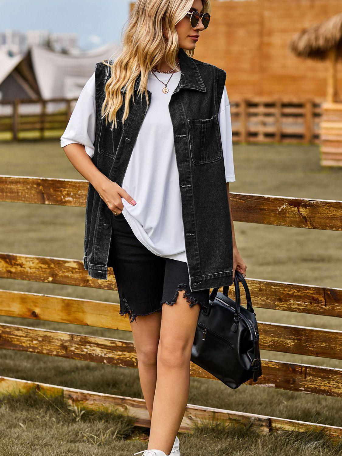 Button Down Denim Vest - ClubOn