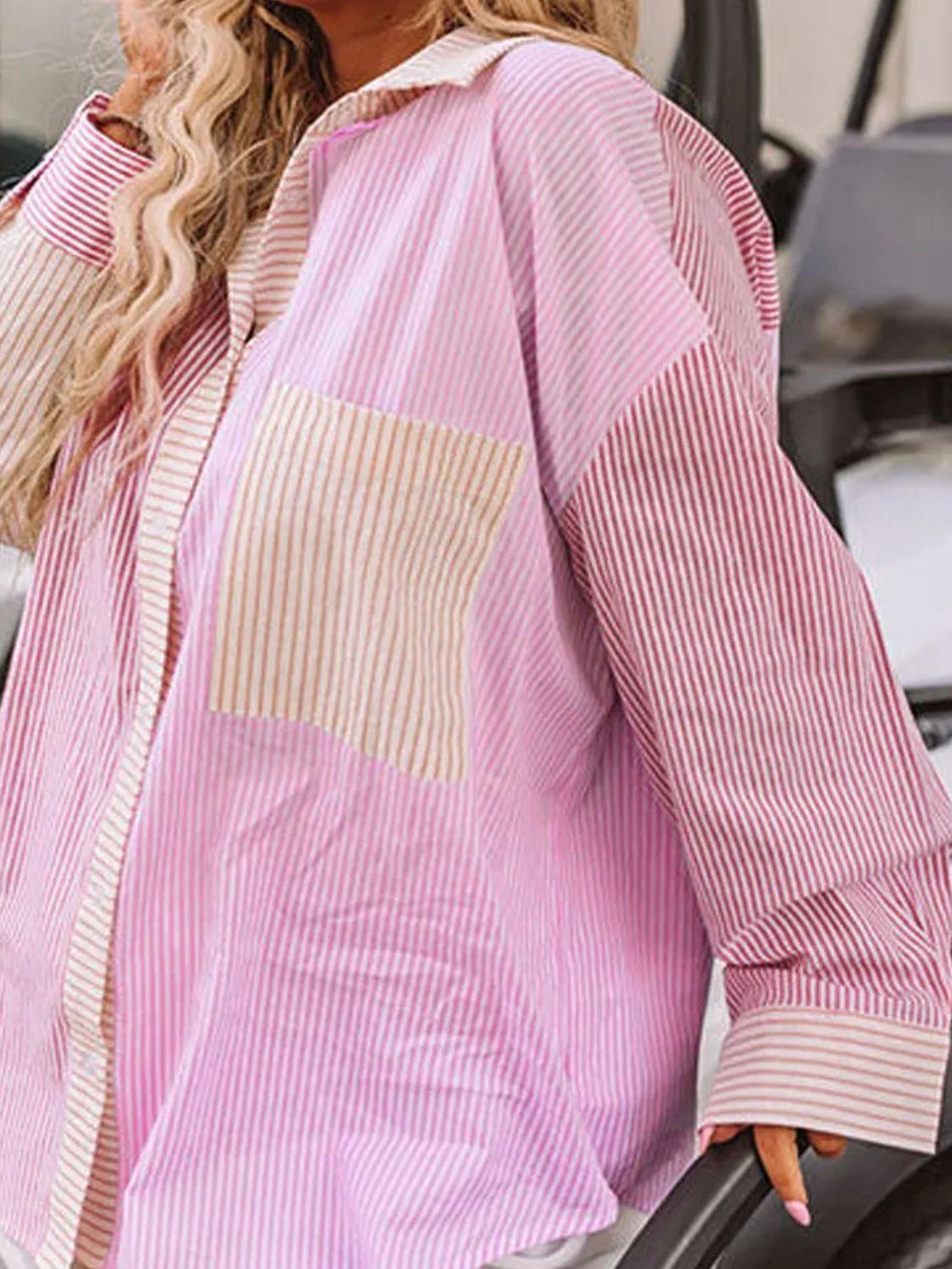 Plus Size Striped Collared Neck Long Sleeve Shirt - ClubOn
