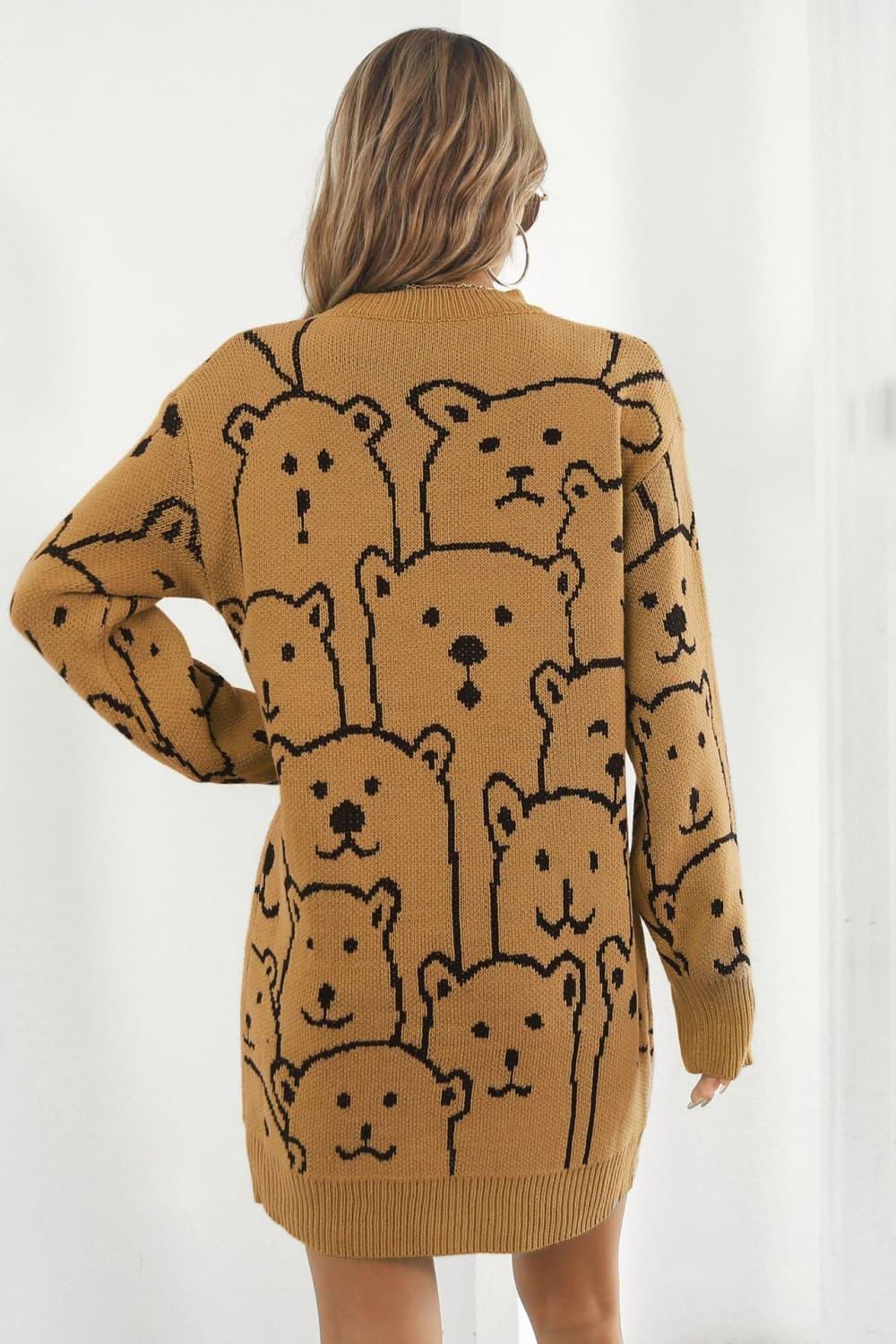 Bear Pattern Round Neck Sweater Dress - ClubOn